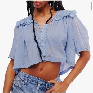 Women's Baby Blue Boxy Cropped Sheer Ruffle Feminine Cottage Core Blouse Size XL